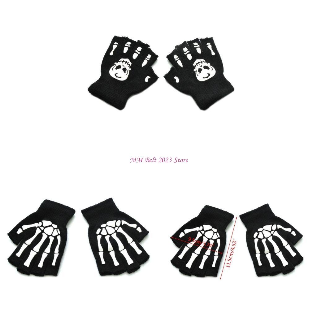 Fingerless Glove Knit - 49ME warme Strickhandschuhe für Kinder, Halloween-Skelett-Halbfinger,